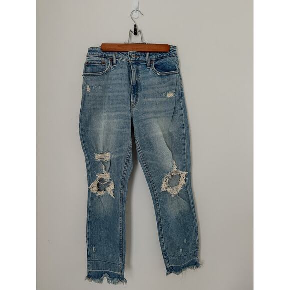 Abercrombie & Fitch The Mom High Rise Jeans Distressed Raw Hem Size 27/4R - Picture 1 of 7